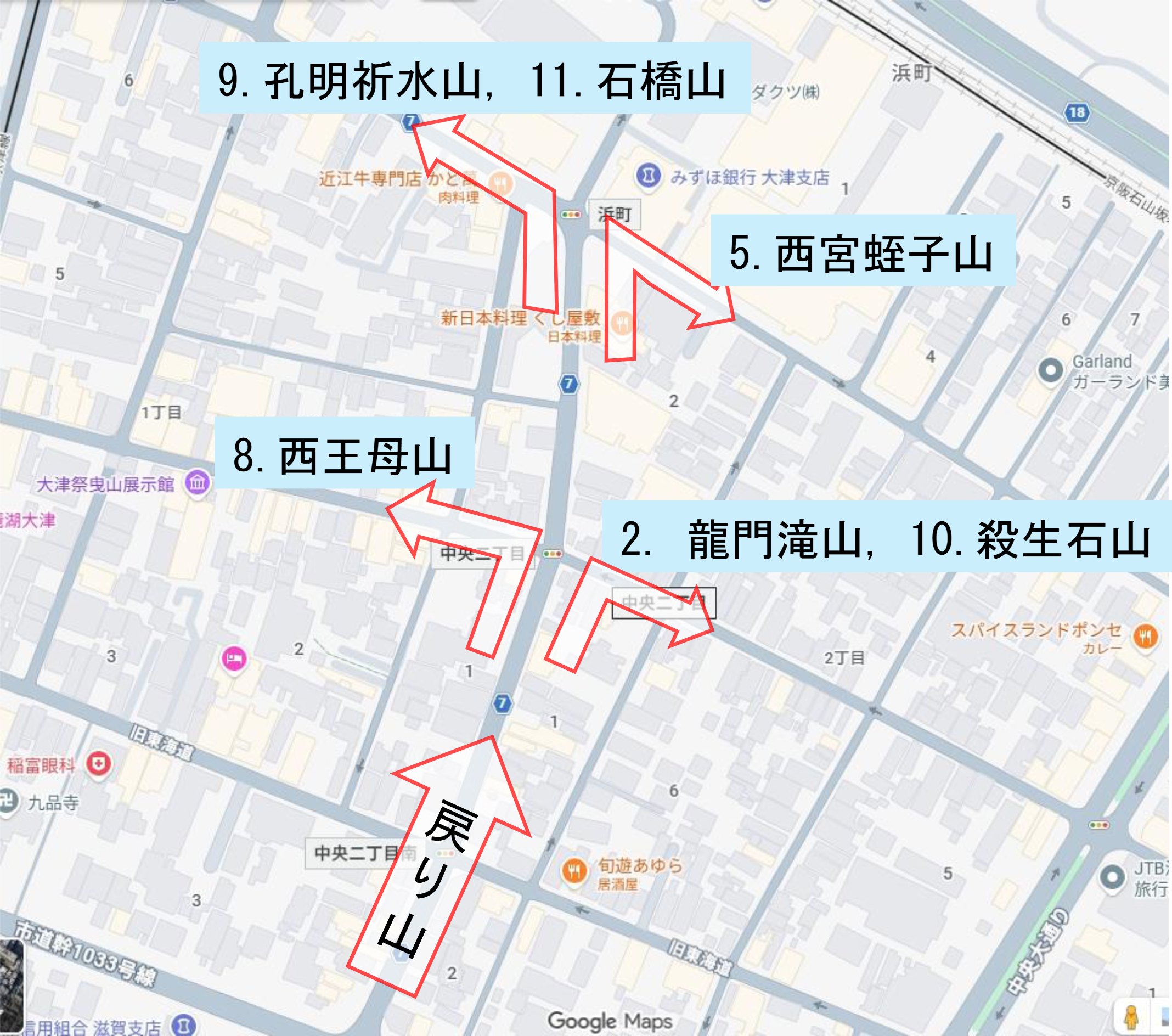 寺町通り周辺の地図。寺町通りを上ってくる「戻り山」の矢印が、浜町交差点付近で9番孔明祈水山・11番石橋山（地図の左上）と5番西宮蛭子山（右上）に、中央二丁目交差点付近で8番西王母山（左）と2番龍門滝山・10番殺生石山（右）に分かれ、それぞれの町内へ戻っていく様子を示している。