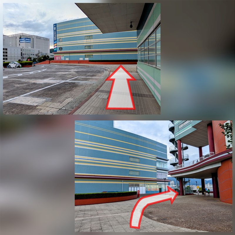 ホテル沿いの歩道の先に、青い横じま模様の大きな建物(浜大津アーカス)が見える写真2枚。矢印は歩道を直進し、建物の手前で右へ進む向きを示している。