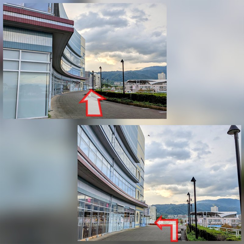 左手に浜大津アーカスの曲線的な建物、右手に植え込みと街灯が続く歩道の写真2枚。矢印は直進と、建物に沿って左へ曲がる向きを示している。