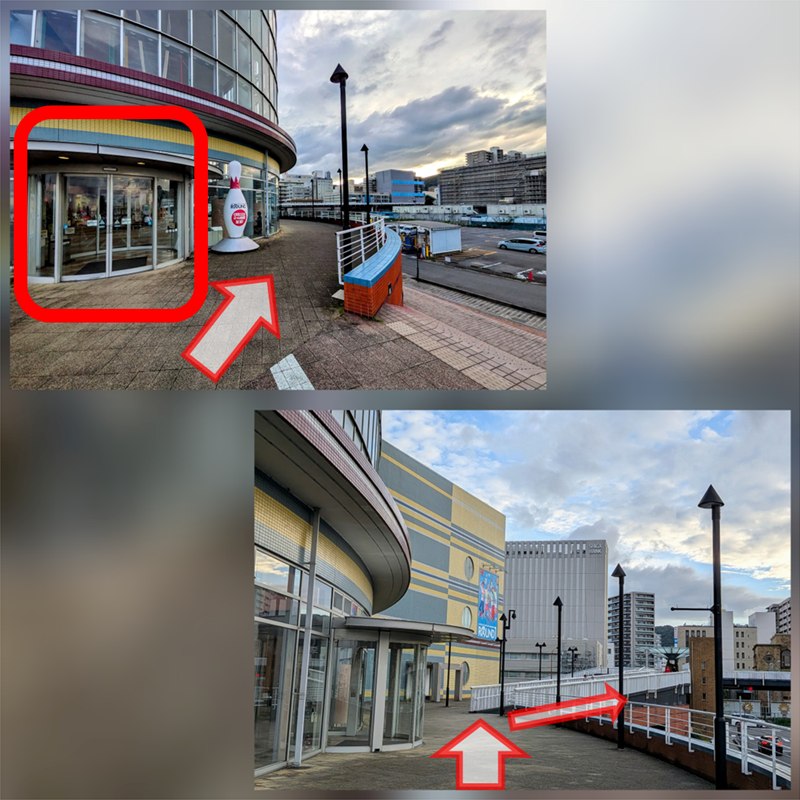 浜大津アーカスの入口。上の写真ではガラス扉の入口が赤枠で囲まれ、下の写真では建物沿いを進んで歩道橋方向へ向かう矢印が描かれている。