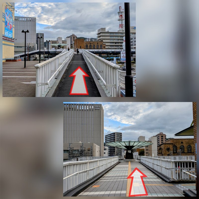 白い手すりの歩道橋「浜大津スカイクロス」を進む写真2枚。矢印はまっすぐ前方を示し、先にガラスの屋根が見える。