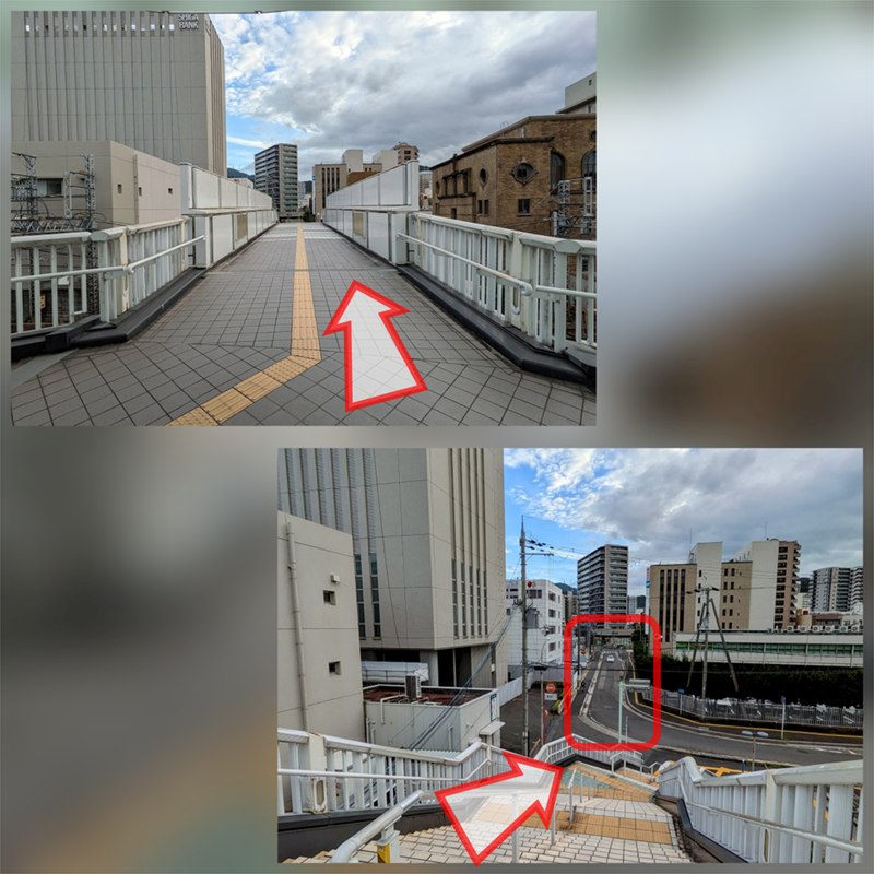 歩道橋の先の写真2枚。下の写真では階段を下りた先の道路が赤枠で囲まれ、そこが寺町通りであることを示している。