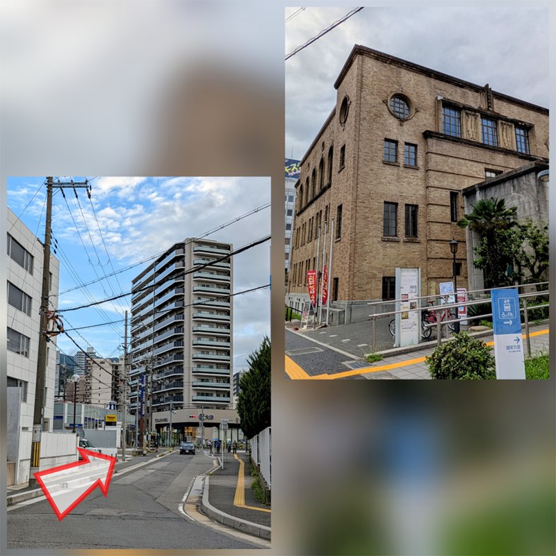 寺町通りの写真と、レンガ色の外壁に丸窓のある旧大津公会堂の写真。矢印は寺町通りをまっすぐ進む向きを示している。